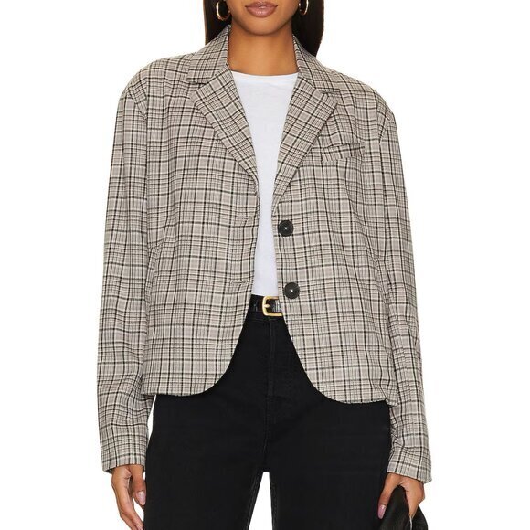 Free People We The Free Cali Oversized Plaid Blazer In Neutral Combo Xl Nwot